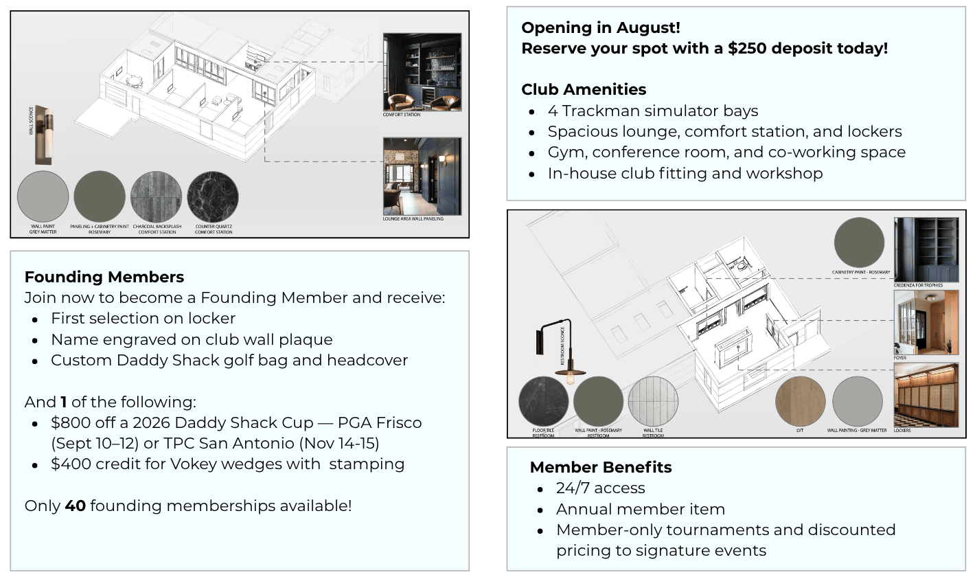 Daddy Shack Austin Golf Club building schematics, layout, and materials